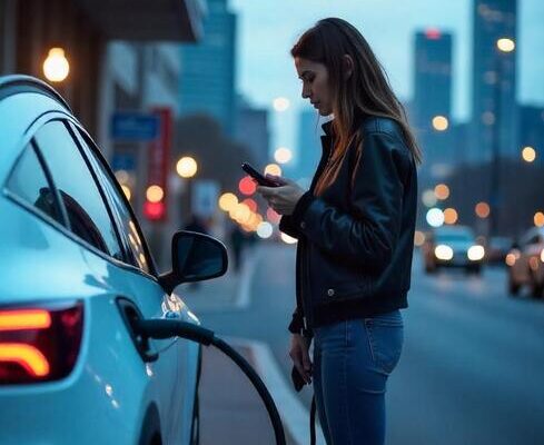 "Dono de carro elétrico carregando seu veículo em casa